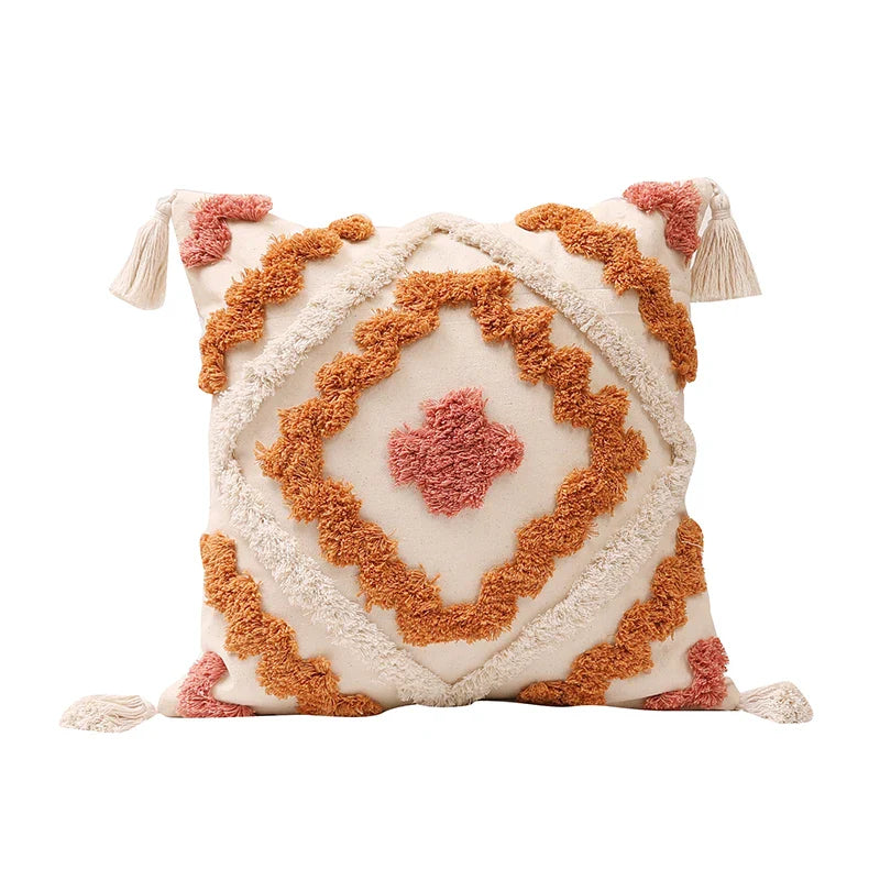 Axyaa Tufted Tassel Boho Cushion Cover in Warm Colors