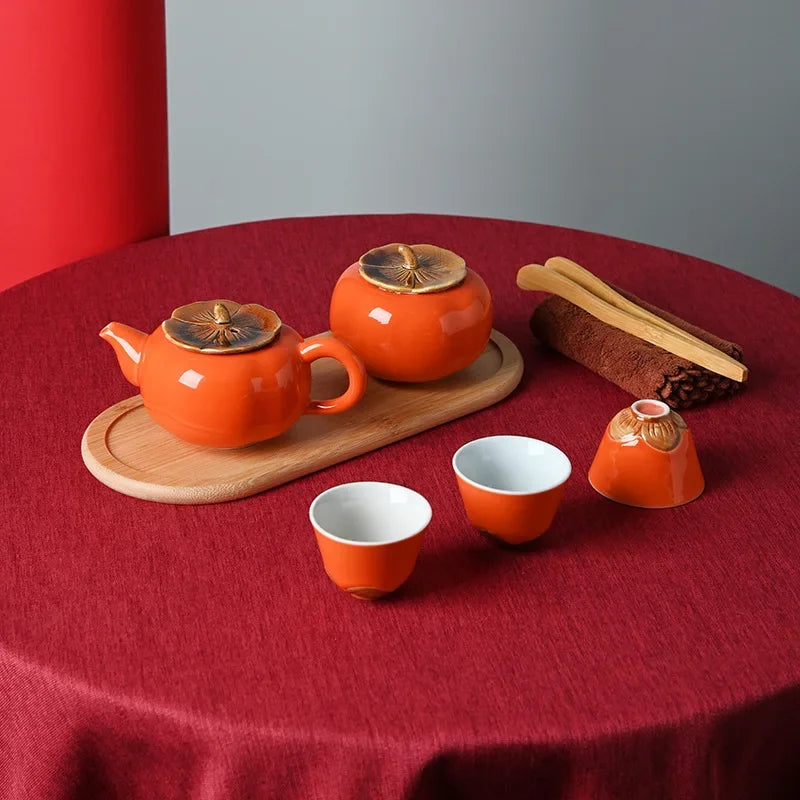 Axya Ceramic Persimmon Tea Set with Travel Bag and Tray