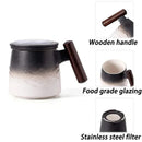 Axyaa Ceramic Tea Mug with Strainer, Lid & Wooden Handle - Unique Gift for Dad