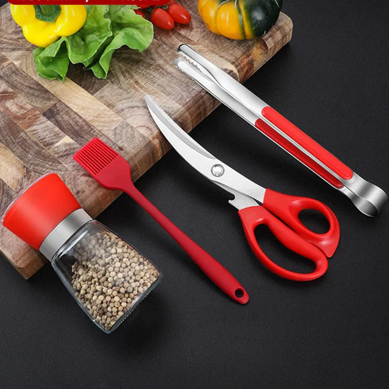 Axyaa 4-Piece Korean BBQ Scissors Set with Seasoning Bottle and Grinder