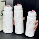 Axyaa Pink Ribbon Bow Thermos Stainless Steel Water Bottle with Straw Lid