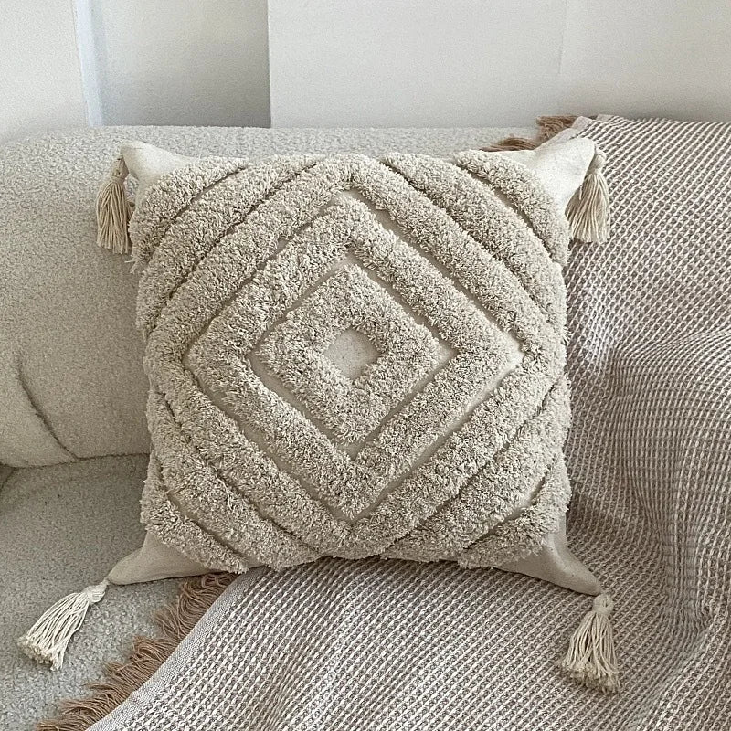 Moroccan Beige Fringe Tufted Pillow Case for Chic Home Decor by Axyaa