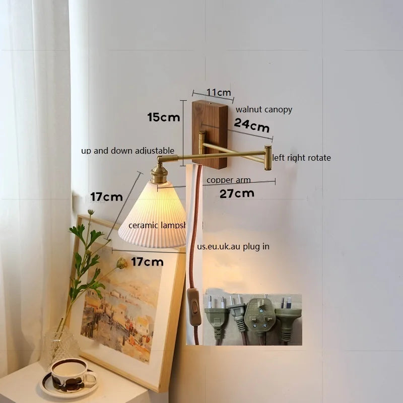 Axyaa Walnut Ceramic LED Wall Lamp with Copper Arm, Rotate, Pull Chain Switch