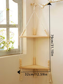 Axyaa Boho Wood Corner Shelf Display Stand Handmade Macrame Floating Shelves