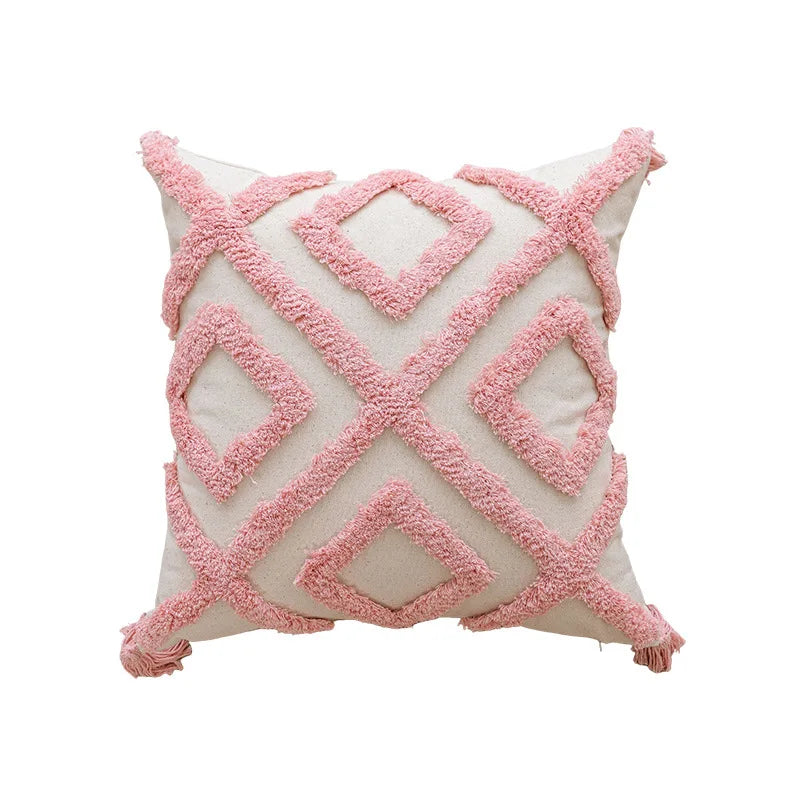 Axyaa Pink Cotton Tufted Pillow Cover with Tassels - Chic Boho Style