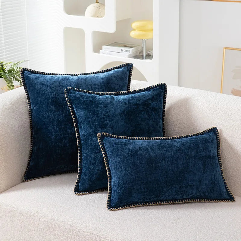 Blue Chenille Luxury Lumbar Pillow Case for Bed Sofa Couch by Axyaa