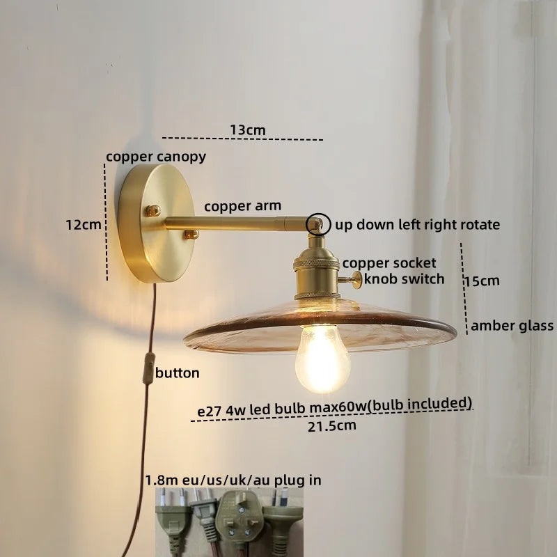 Axyaa Glass Copper LED Wall Lamp with Knob Switch for Modern Home Decor