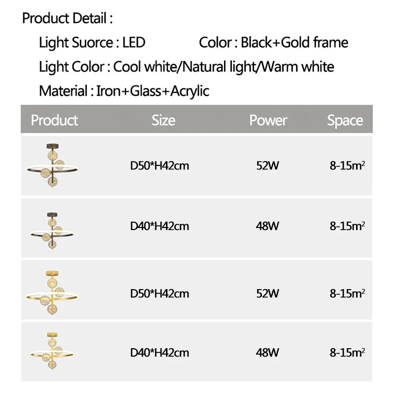 Axya Black&Gold LED Chandelier Ceiling Light for Bedroom Living Room Kitchen