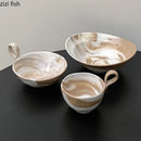 Axyaa Marble Pattern Ceramic Bowl with Handle, Set of 4