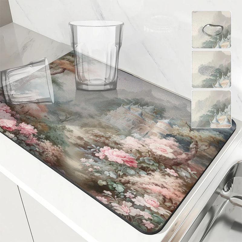 Axyaa Floral Kitchen Drying Mat - Absorbent & Antiskid Drain Pad