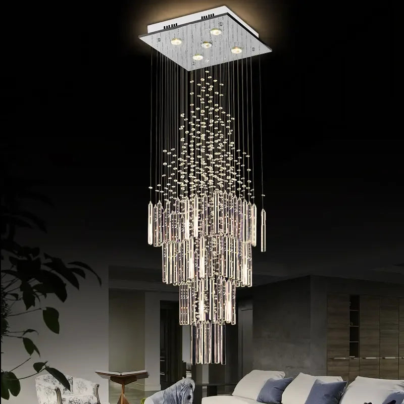 Axyaa Crystal Ceiling Chandelier - Modern Square Base Light Fixture for Living Room and Staircase