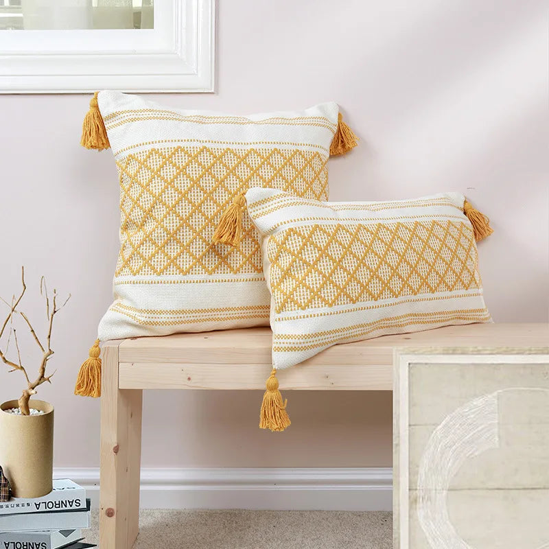 Axyaa Boho Diamond Jacquard Cushion Cover with Tassels for Home Decor