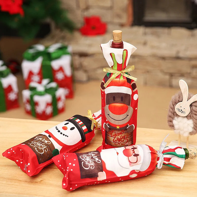 Axyaa Christmas Wine Bottle Covers Santa Claus Snowman Elk Xmas Table Festival Decoration