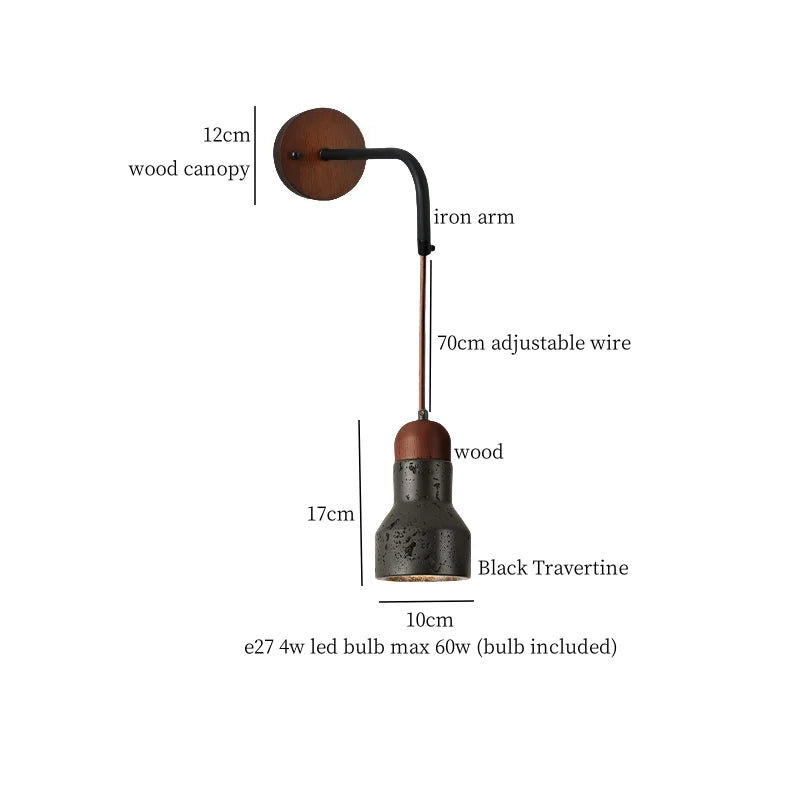 Axyaa Wabi Sabi LED Wall Light 70CM Black Travertine Bedside Lamps