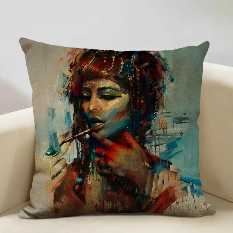 Axyaa African Lady Oil Painting Pillow Case Home Sofa Art Decoration Cover