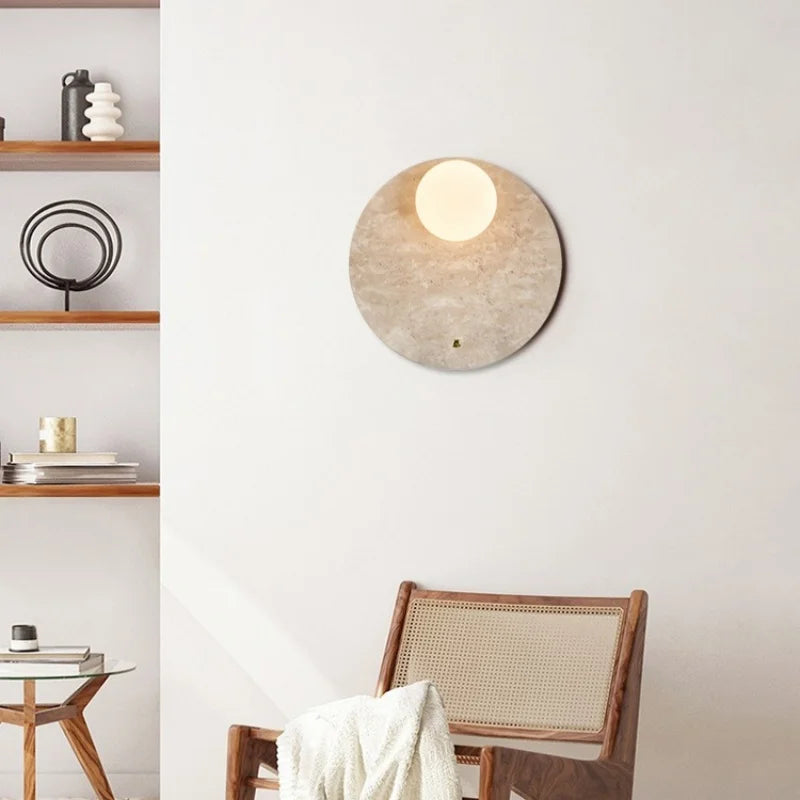 Axyaa White Glass LED Wall Light - Yellow Travertine Button Switch - Wabi Sabi Design