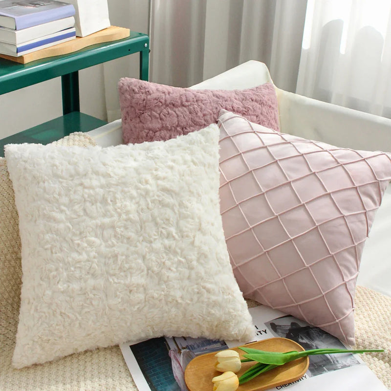 Axyaa White/Pink 45x45 Plush Cushion Cover for Living Room Sofa Couch Office