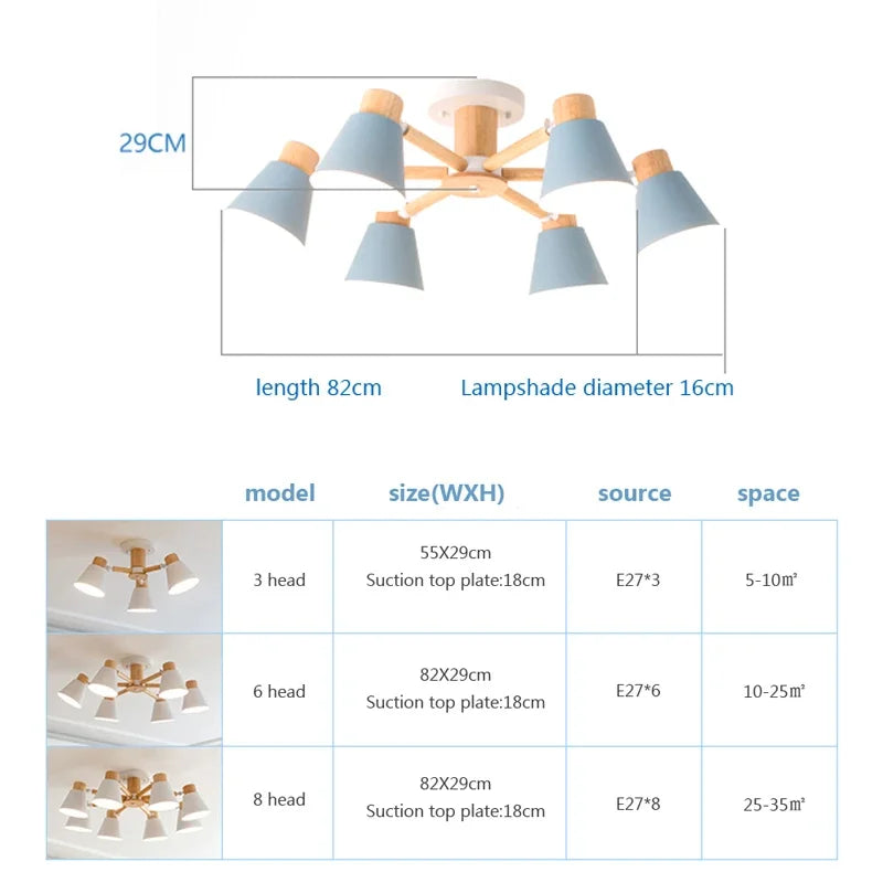 Axyaa Nordic Macaron Wooden Ceiling Light with E27 Bulbs, 3/6 Heads for Interior Lighting