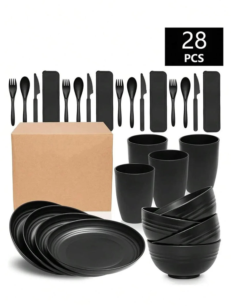 Axyaa 28pcs Plastic Tableware Set: Plate, Bowl, Cup, Cutlery - Reusable for Home, Hotel, Party