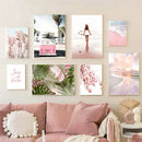 Axyaa Pink Beach Wave Surf Girl Canvas Painting Nordic Art Print