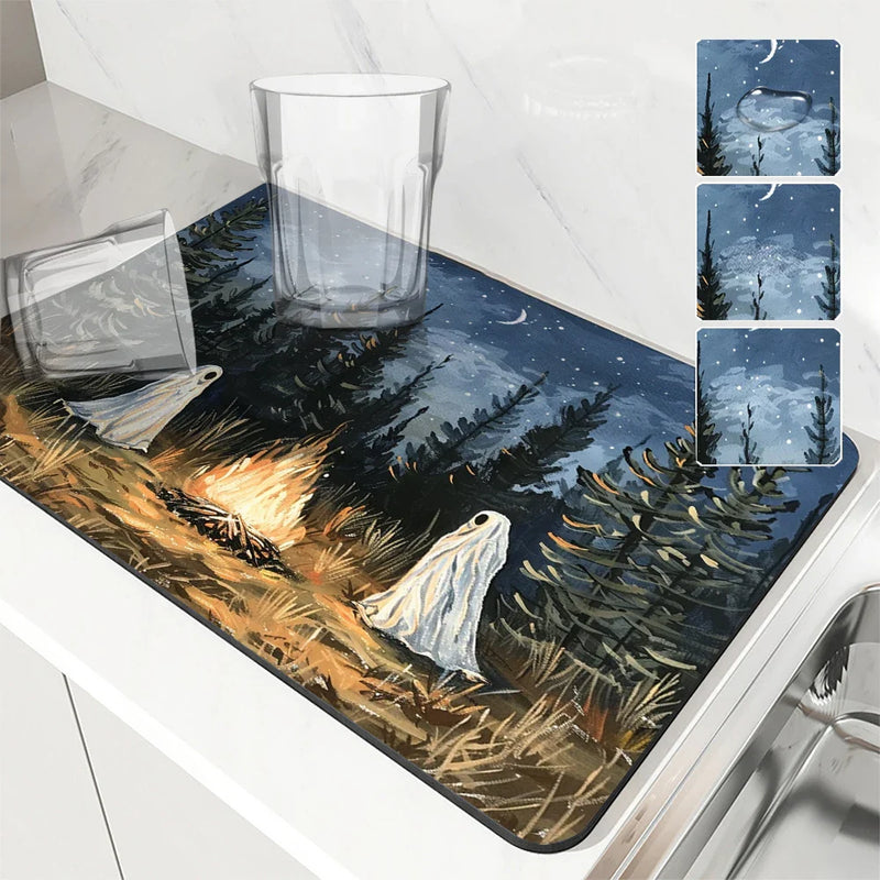 Axyaa Halloween Desk Drain Pad: Heat Resistant Dish Drying Mat, Non-slip Kitchen Placemat