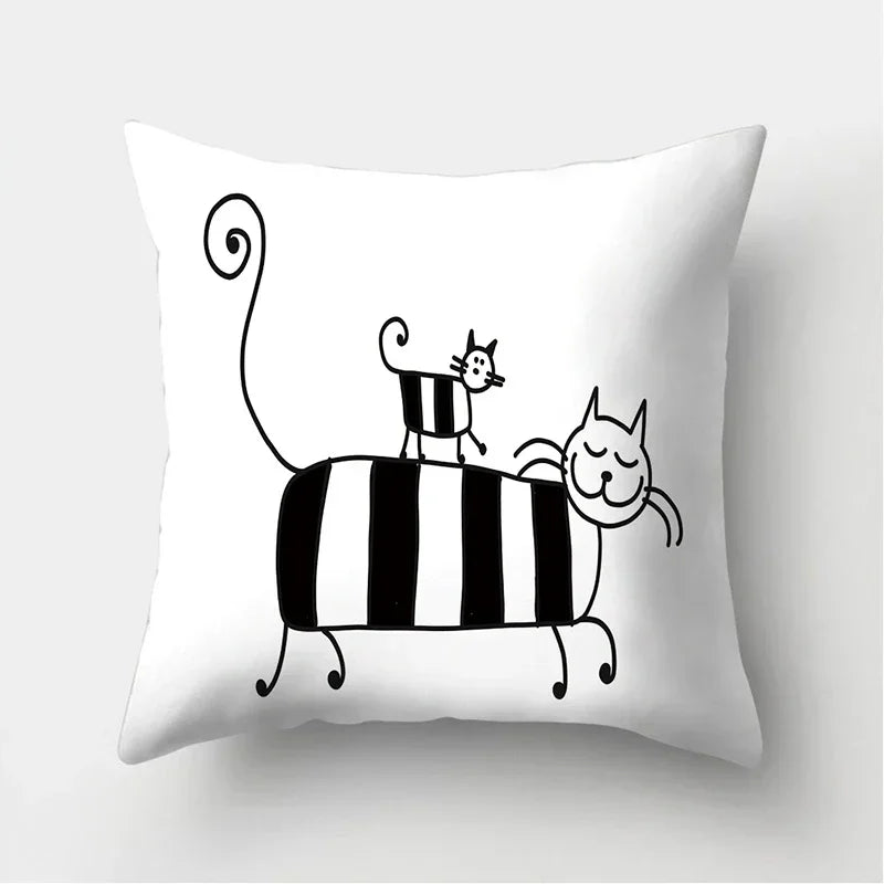 Axyaa Black & White Cat Pattern Cushion Cover for Living Room, Bedroom & Sofa