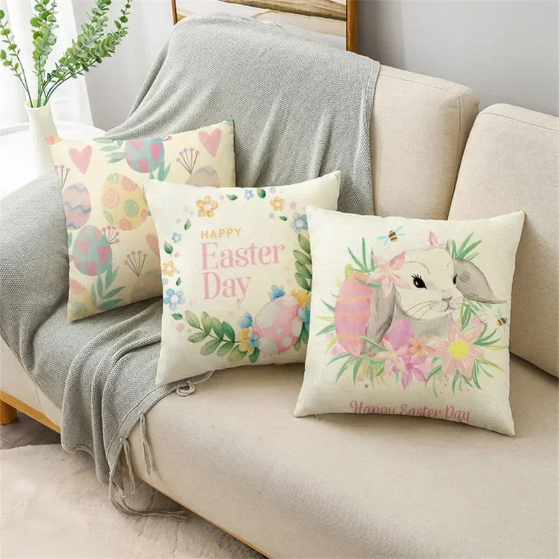 Axyaa Easter Pillowcase with Colored Eggs and Rabbit Print