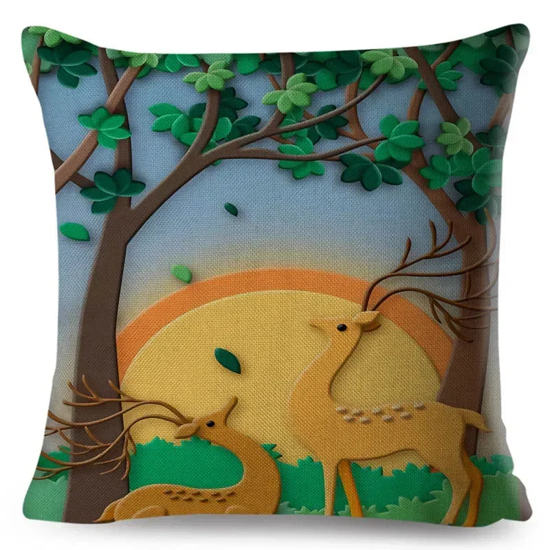 Axyaa Cartoon Deer Pillowcase - 45*45cm Linen Cushion for Home Decor
