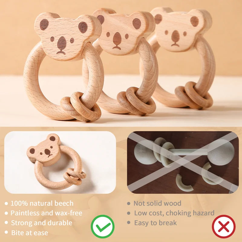 Axya Wooden Teether Stroller Toy - Natural Beech Montessori Rattle Fox Bear