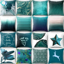 Axyaa Teal Blue Geometric Pillow Cases with Letter Leaves Plant Print, Deer Animal Design.