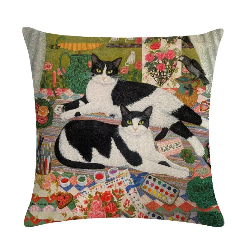 Axyaa Retro Cat Linen Pillowcase 45*45cm - Home & Sofa Decoration
