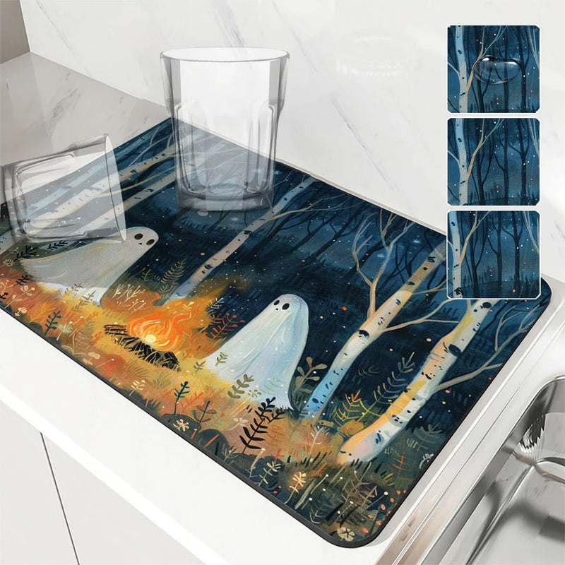 Axyaa Halloween Desk Drain Pad: Heat Resistant Dish Drying Mat, Non-slip Kitchen Placemat