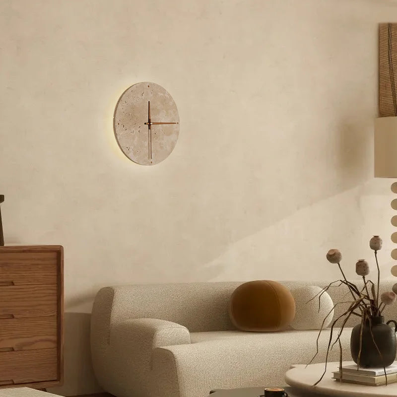 Axyaa Round Natural Stone Clock Wall Lamp, LED Sconce for Home Decor