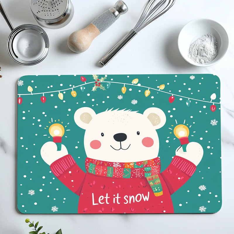 Axyaa Christmas Lights Bear Text Non-Slip Absorbent Kitchen Mat