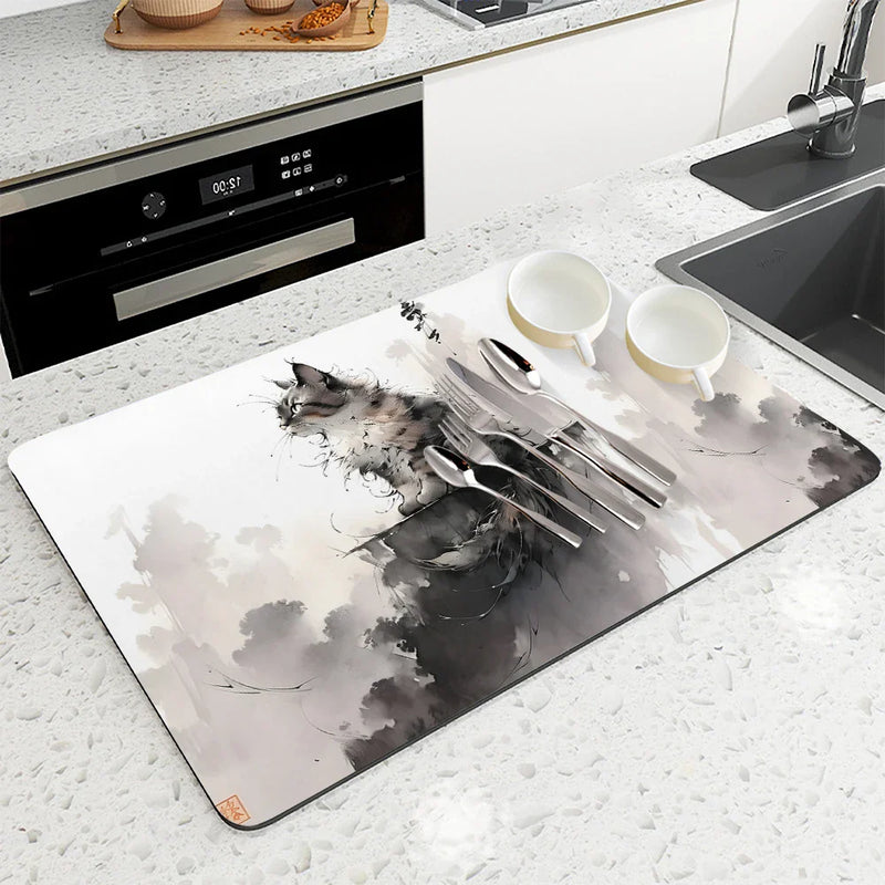 Axyaa Black Cat Kitchen Drying Mat - Quick Dry Drain Pad for Coffee & Dishes