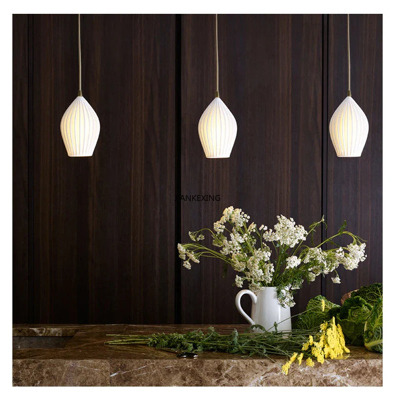 Elegant Ribbed Ceramic Pendant Lights by Axyaa - White Shade