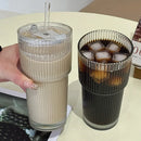 Axyaa Striped Glass Coffee Cup with Straw, Large Capacity Cold Drink Cup