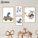Axyaa Cartoon Vehicle & Dinosaur Canvas Wall Art for Boys Room