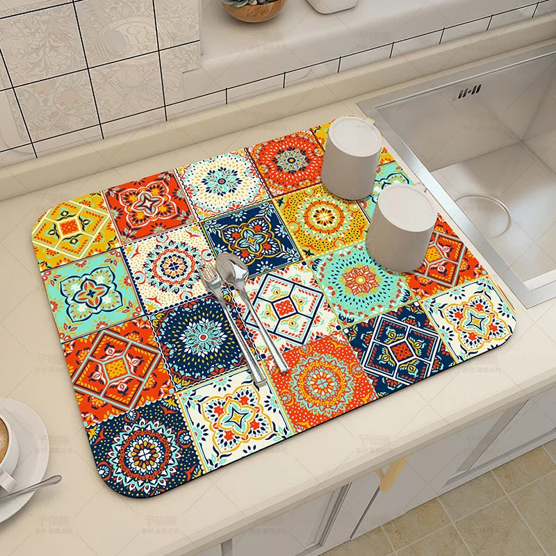 Ethnic Printed Coffee Draining Mat by Axyaa: Super Absorbent & Quick Drying Rug