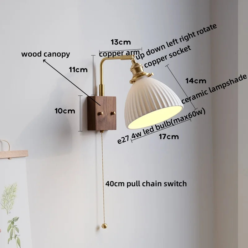 Axyaa Ceramic Copper LED Wall Lamps with Pull Chain Switch for Home Decor