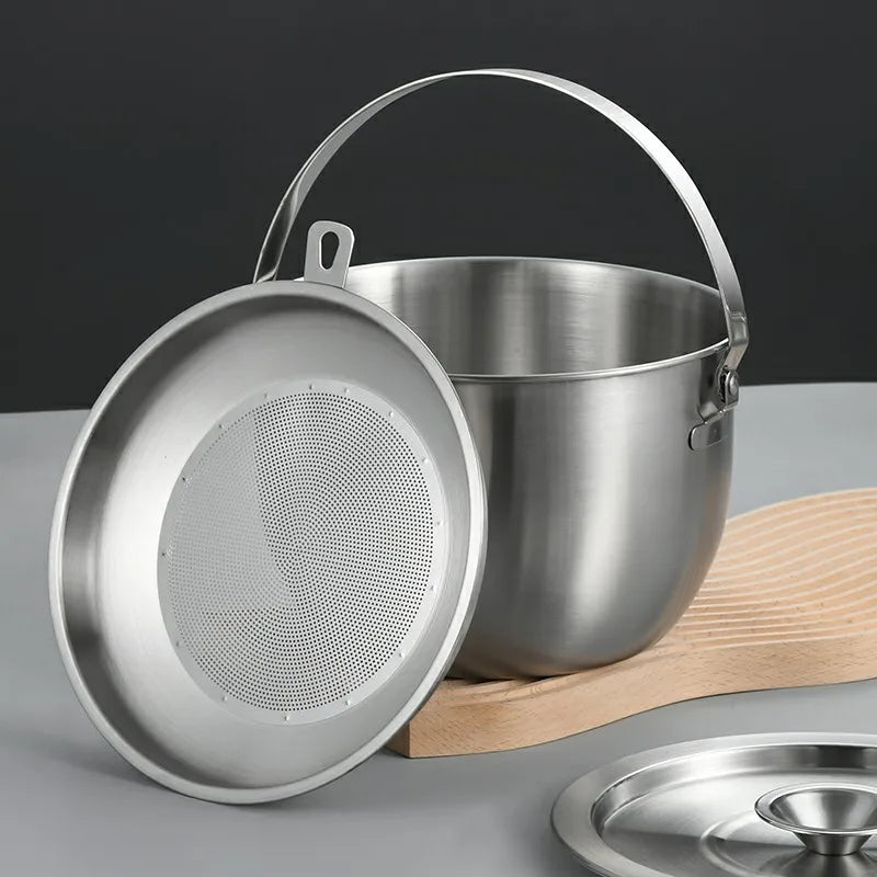 Axyaa Stainless Steel Strainer Lard Pot with Lid, Large Capacity Hanging Oil Storage Pot