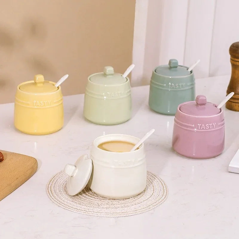 Axyaa Ceramic Condiment Jar Set with Lid, Spoon, Sugar Bowl, Salt Jars