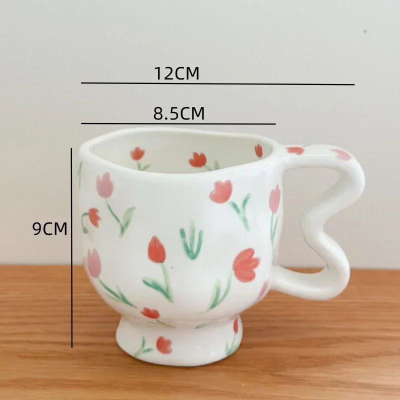 Hand-Painted Tulip Flower Pattern Ceramic Mug by Axyaa - High-Footed Cup