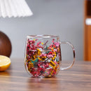 Axyaa Double-Walled Glass Cup with Handle- High Borosilicate Coffee Mug, Floral Design