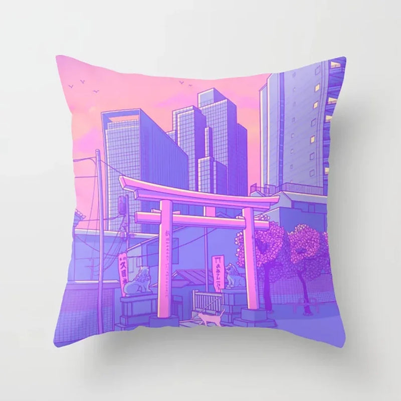 Pink Anime City Print Polyester Pillowcase 45x45cm for Bedroom Living Room by Axyaa.