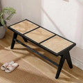 Axyaa Farmhouse Rattan Bench With Footrest - Wood Cane Seat