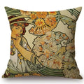 Axyaa Art Nouveau Mucha Gallery Cushion Cover - Beautiful Girl Pattern Linen Pillowcase