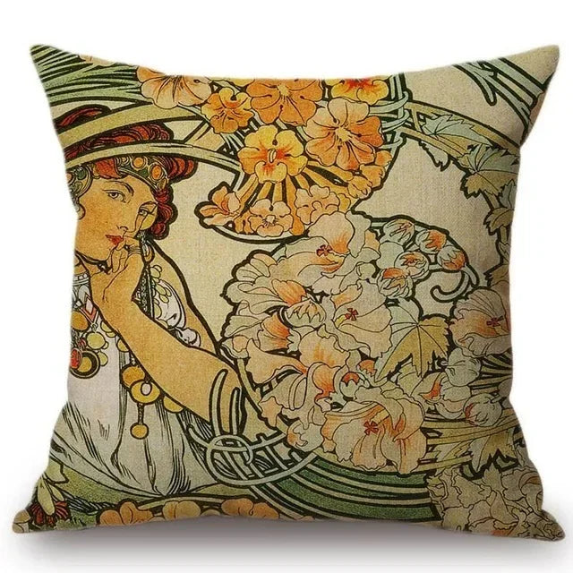 Axyaa Art Nouveau Mucha Gallery Cushion Cover - Beautiful Girl Pattern Linen Pillowcase