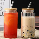 Axyaa Glass Cups with Bamboo Lids and Straw, Mason Jars Coffee Mug Beer Can Shape