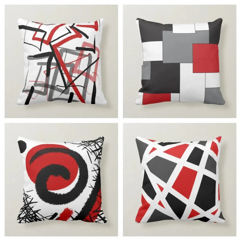 Axyaa Retro Geometric Lines Pillow Cover Set — Red & Black, Sofa Decor & Home Accent